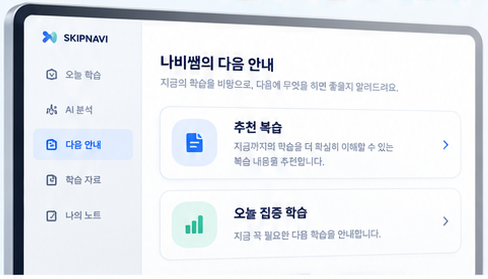 추천 복습과 오늘 집중 학습을 제안하는 나비쌤의 다음 안내 화면