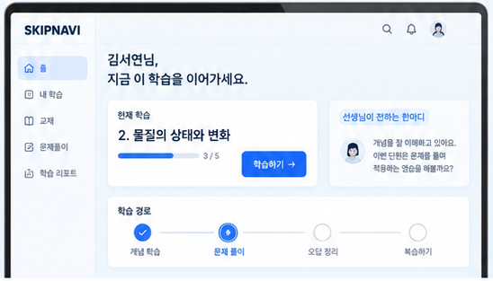 학생의 오늘 학습과 학습 경로를 보여주는 화면