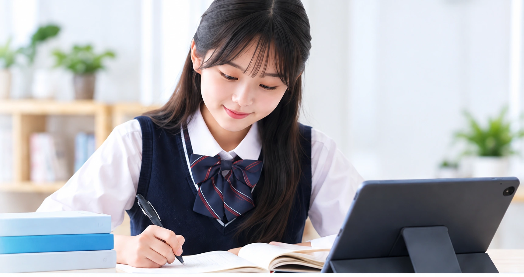 교재와 태블릿으로 학습하는 학생