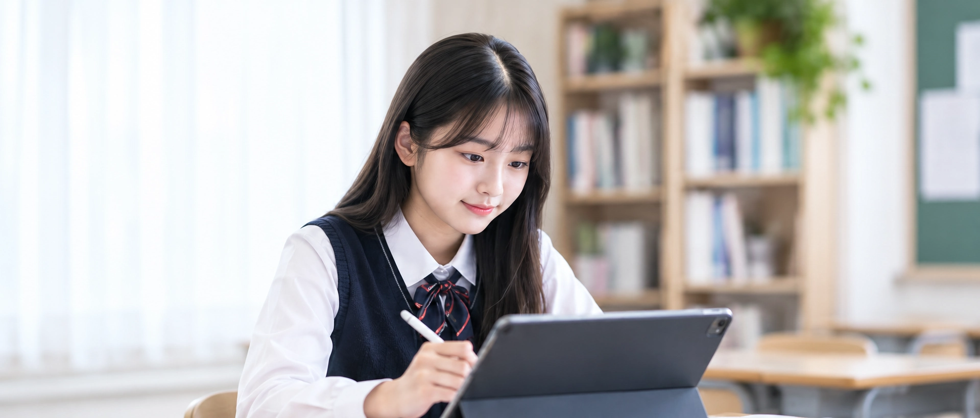 태블릿 펜으로 학습하는 학생