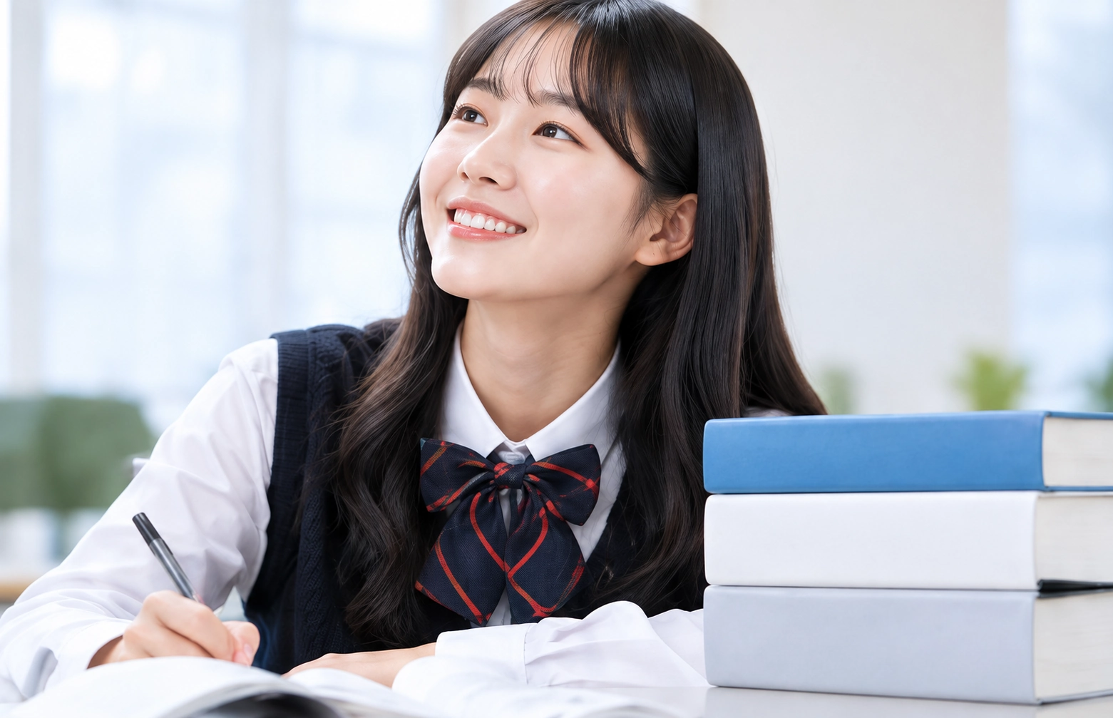 책상에서 밝게 웃는 학생