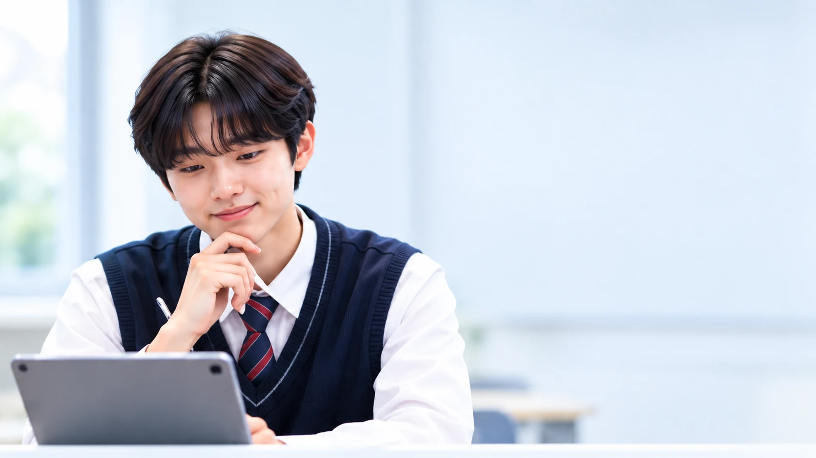 태블릿을 보며 생각하는 학생