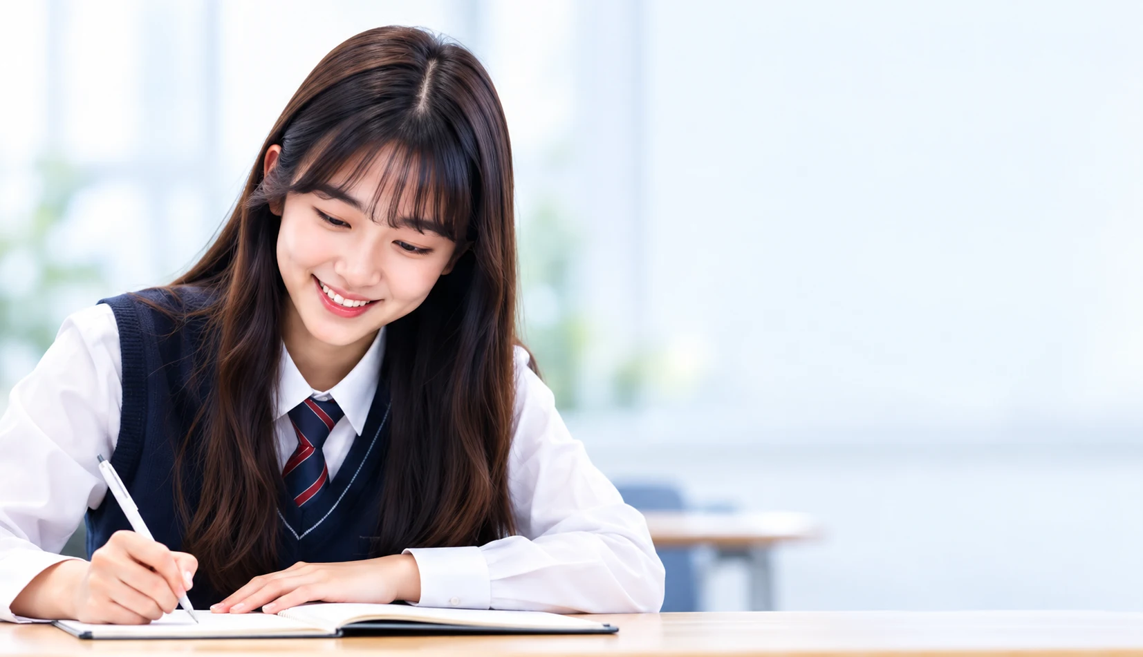 웃으며 필기하는 학생