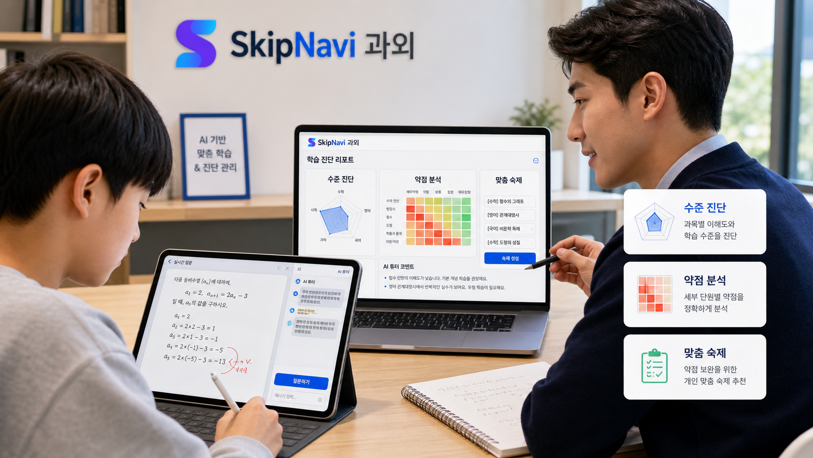 AI 기반 맞춤 학습 & 진단 — 학생이 공부하면 코치는 수준 진단·약점 분석·맞춤 숙제로 관리합니다